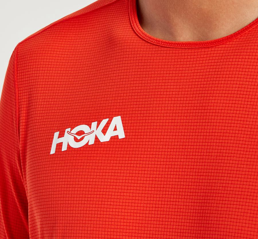 Hoka One One Top Erkek Kırmızı - Performance Short Sleeve - OJ5428719